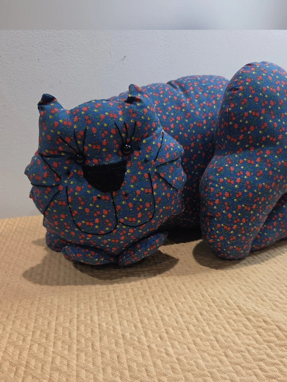 Vintage Handmade Cottagecore Blue Floral Cat Plush Doorstopper